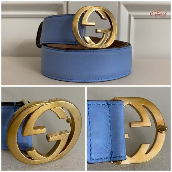 Authentic Gucci Blue Calfskin Leather Gold Interlocking G Buckle Belt 85/34 - Picture 2 of 13